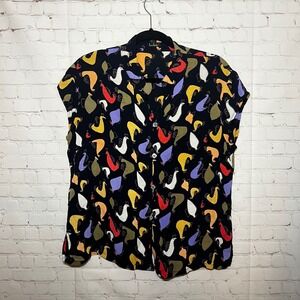 Vintage Loco Lindo Black Abstract Bird Print Sleeveless Button Up Shirt Large